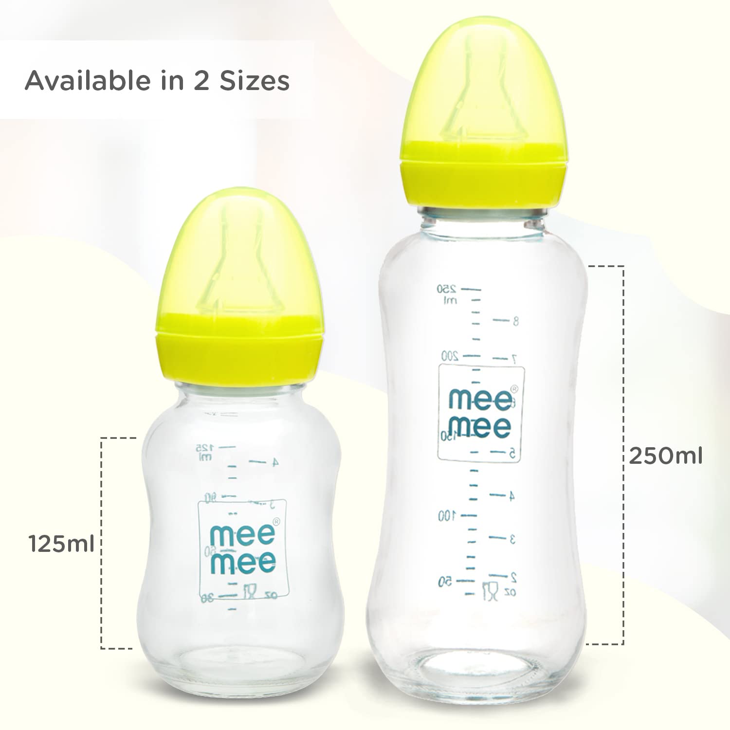 Mee Mee borosilicate glass feeding bottle available in 120 ml and 240 ml sizes
