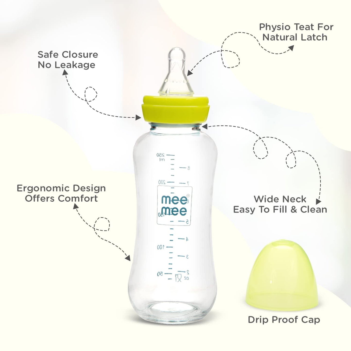 Parts of the Mee Mee glass feeding bottle including silicone teat and drip-proof cap