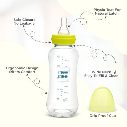 Parts of the Mee Mee glass feeding bottle including silicone teat and drip-proof cap
