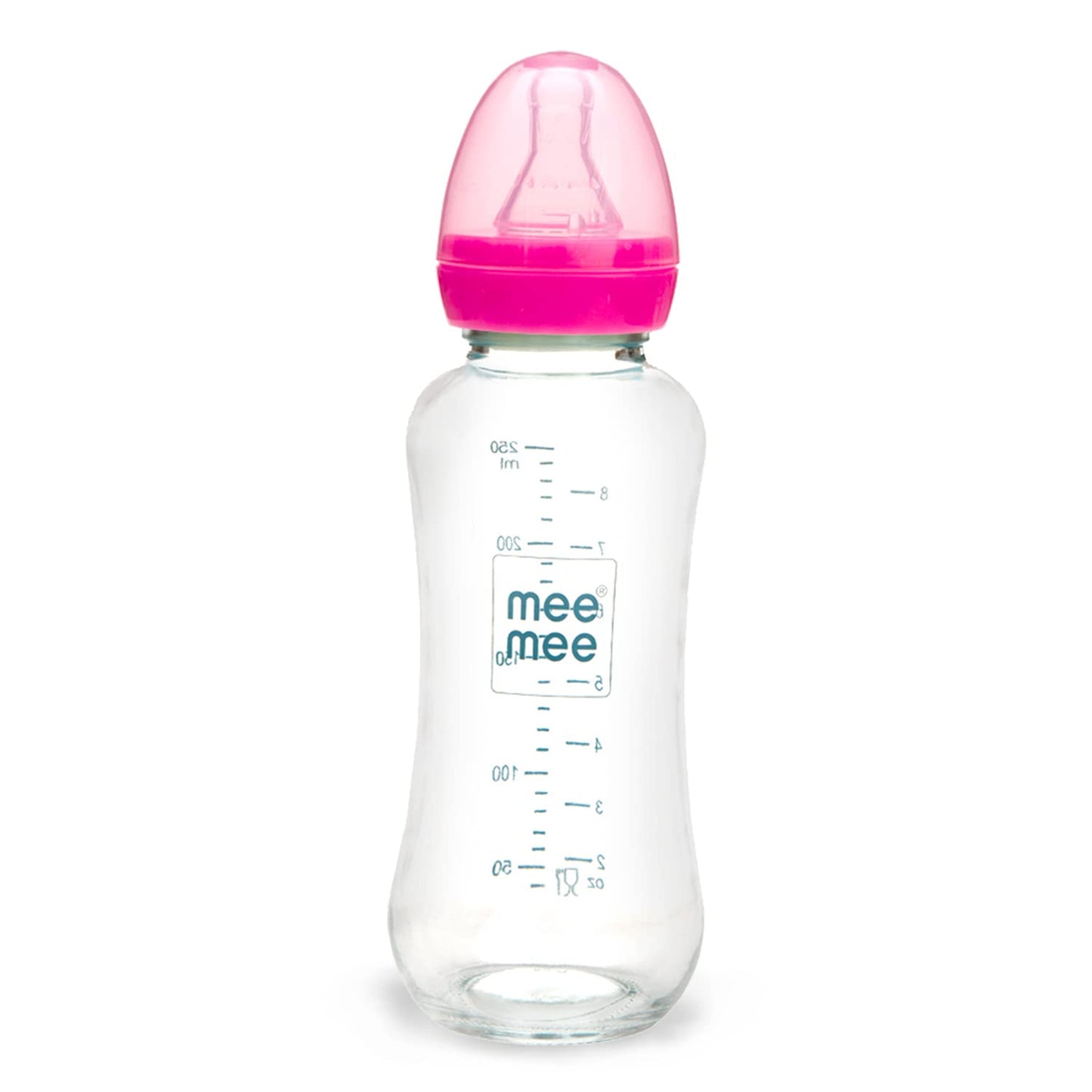 Mee Mee premium borosilicate glass feeding bottle with a pink cap