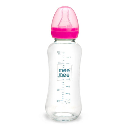 Mee Mee premium borosilicate glass feeding bottle with a pink cap