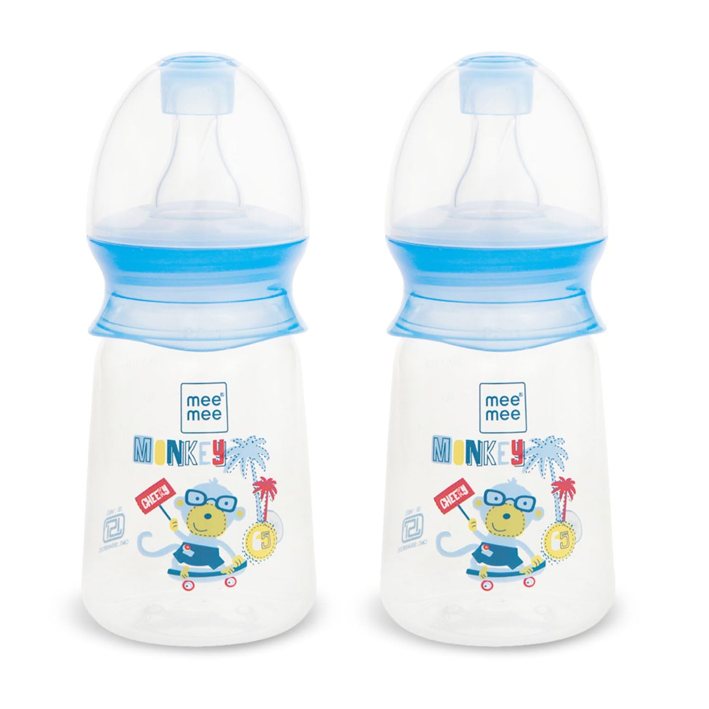 Mee Mee Easy Flo anti-colic feeding bottles in blue with printed designs