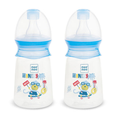 Mee Mee Easy Flo anti-colic feeding bottles in blue with printed designs
