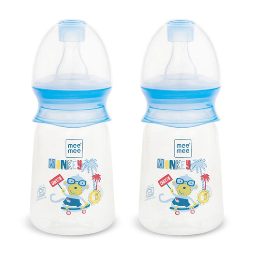 Mee Mee Easy Flo anti-colic feeding bottles in blue with printed designs