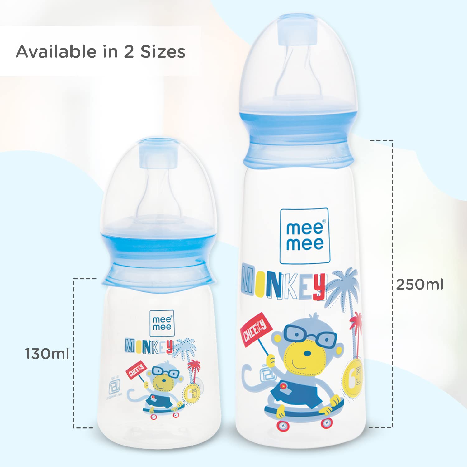 Mee Mee Easy Flo feeding bottle available in 130 ml and 250 ml sizes