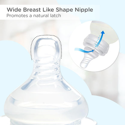 Wide breast-like nipple on the Mee Mee Easy Flo bottle promotes a natural latch