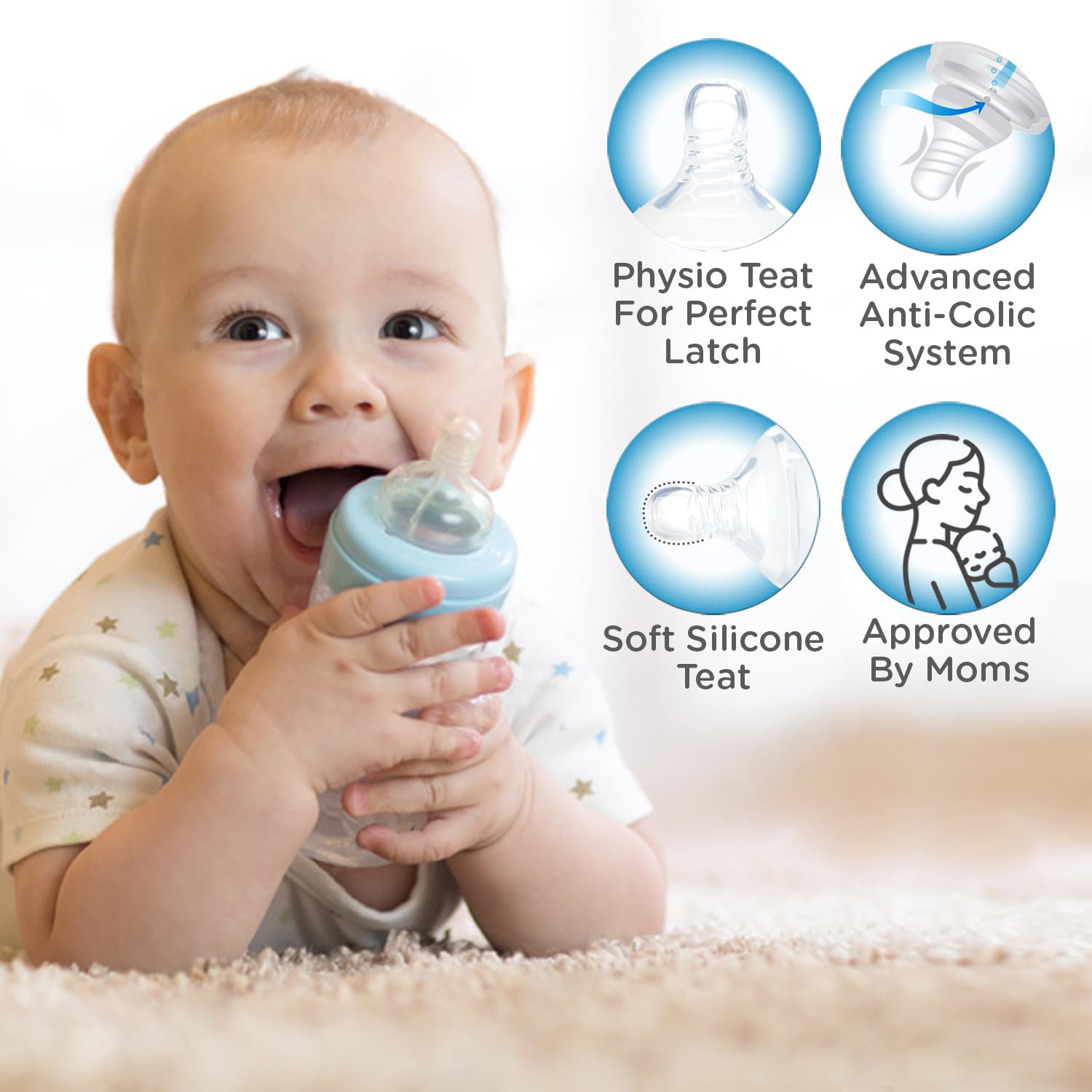 Baby holding a Mee Mee Easy Flo anti-colic feeding bottle