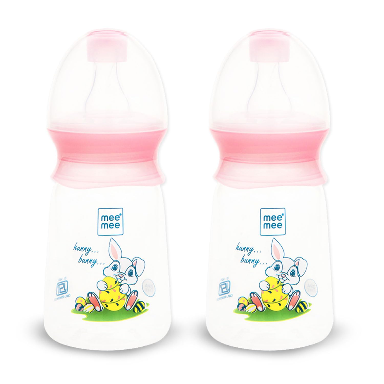 Mee Mee Easy Flo anti-colic feeding bottles in pink with printed designs