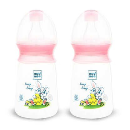 Mee Mee Easy Flo anti-colic feeding bottles in pink with printed designs