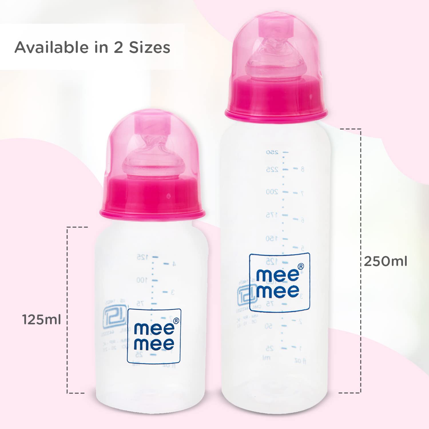 Mee Mee Milk-Safe feeding bottle available in 125 ml and 250 ml sizes