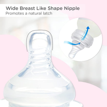 Wide breast-like nipple on the Mee Mee Milk-Safe bottle promotes a natural latch