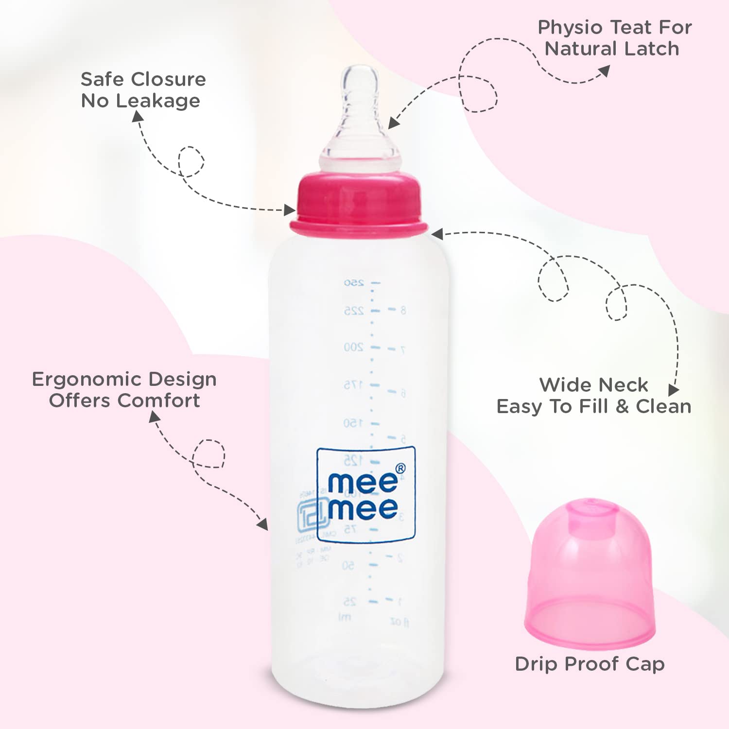 Ergonomic design of the Mee Mee Milk-Safe bottle with drip-proof cap