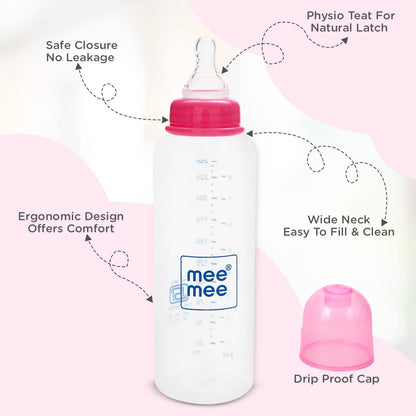 Ergonomic design of the Mee Mee Milk-Safe bottle with drip-proof cap