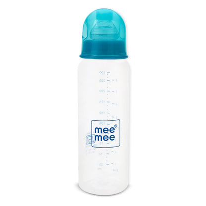 Mee Mee Milk-Safe anti-colic baby feeding bottle with a blue cap