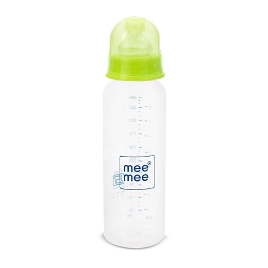Mee Mee Milk-Safe anti-colic baby feeding bottle with a green cap