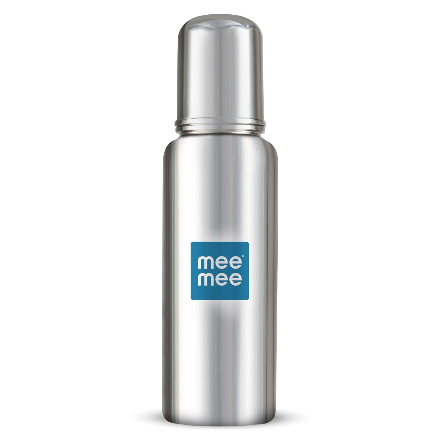 Front view of the Mee Mee premium steel baby feeding bottle with blue label