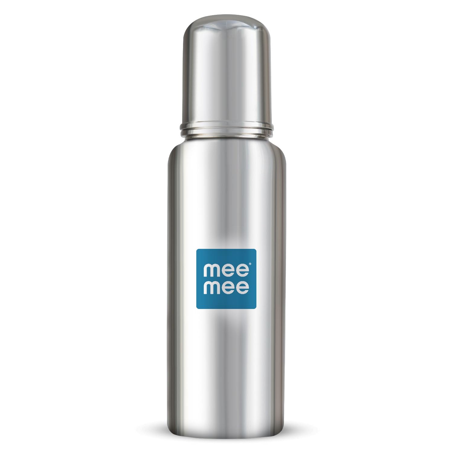 Front view of the Mee Mee premium steel baby feeding bottle with blue label
