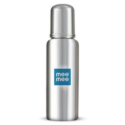 Front view of the Mee Mee premium steel baby feeding bottle with blue label
