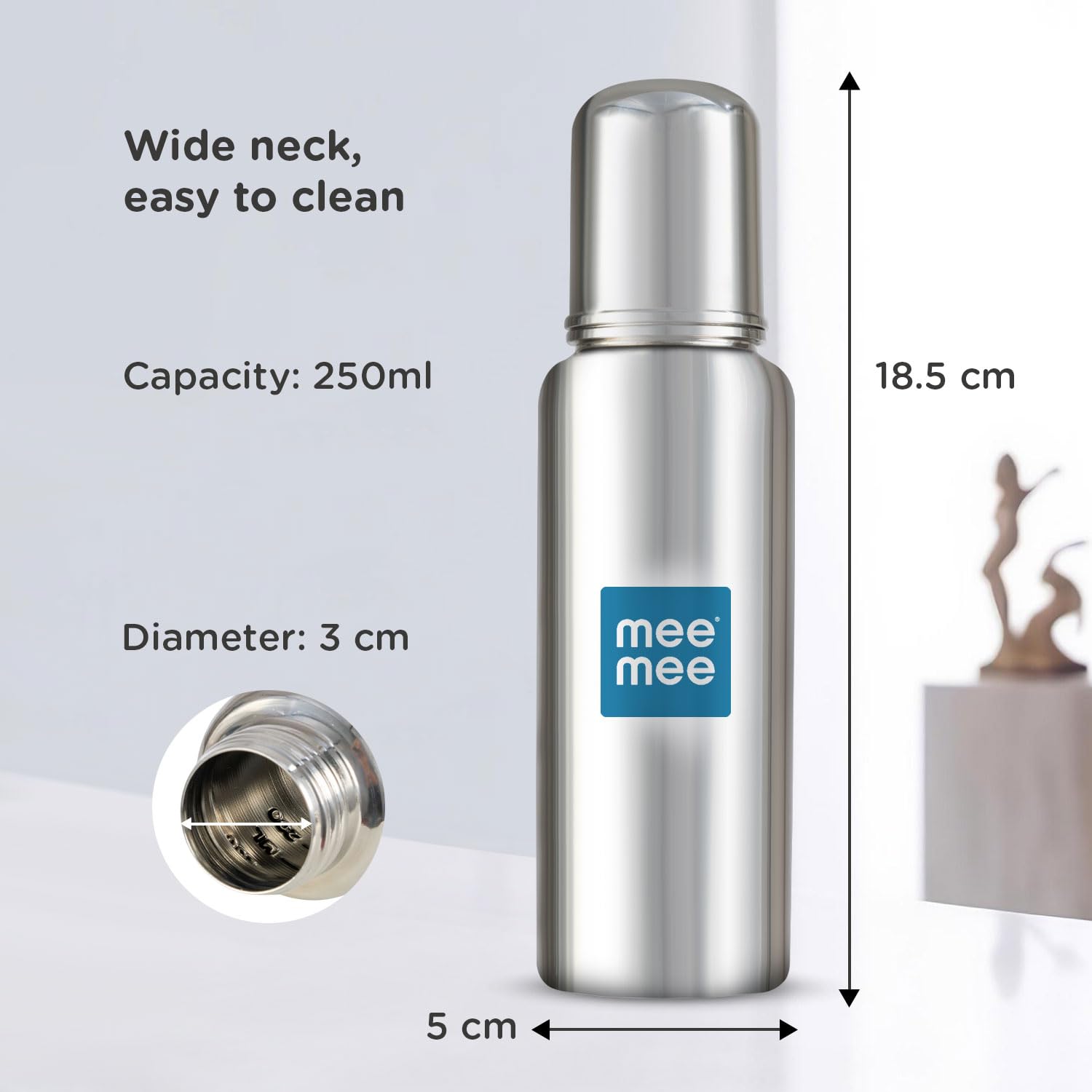 Mee Mee steel feeding bottle dimensions and wide neck for easy cleaning