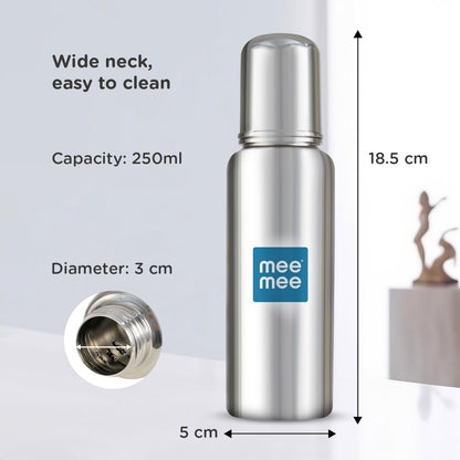 Mee Mee steel feeding bottle dimensions and wide neck for easy cleaning