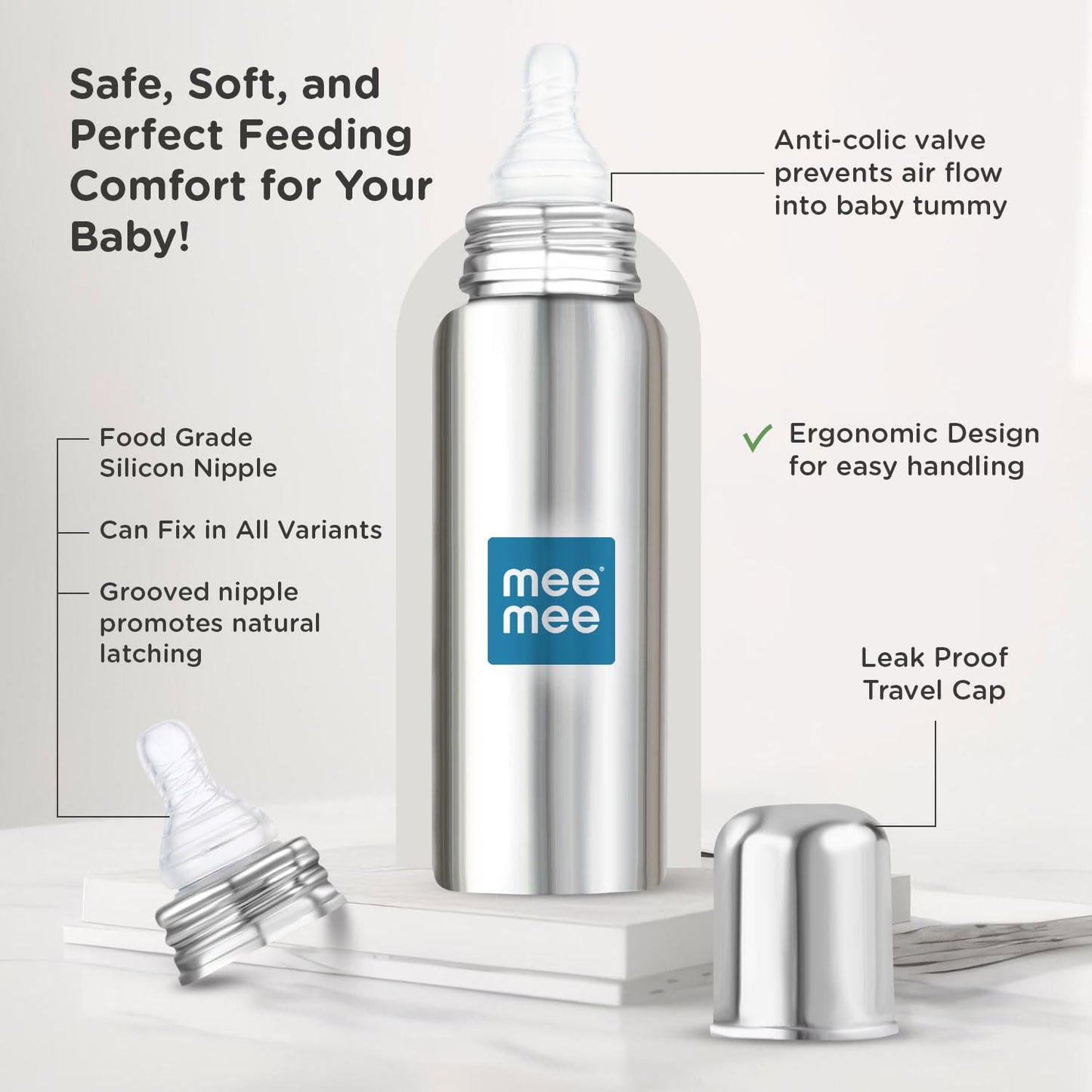Mee Mee steel feeding bottle with a soft silicone teat for comfortable feeding