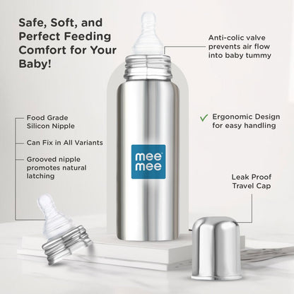 Mee Mee steel feeding bottle with a soft silicone teat for comfortable feeding