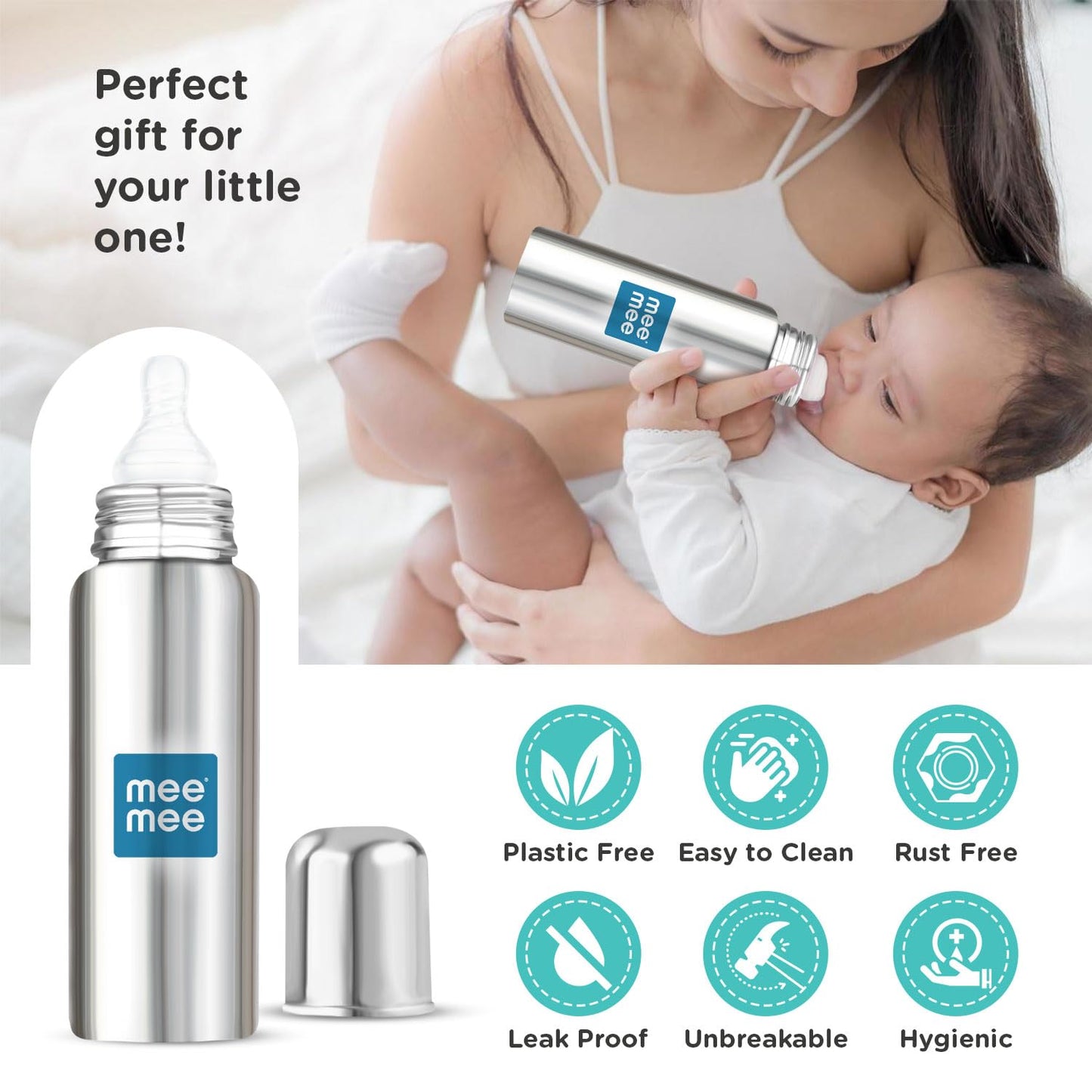 Mother feeding a baby with the Mee Mee premium steel bottle, a gift set option