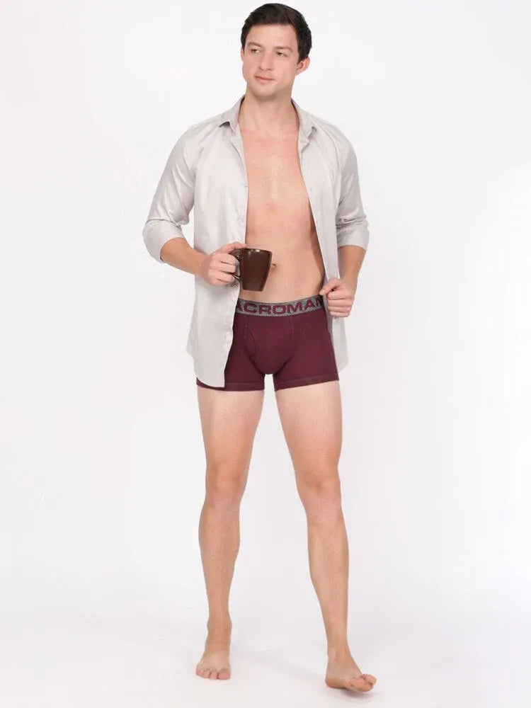Full-length view of a model in a Rupa Macroman maroon cotton trunk