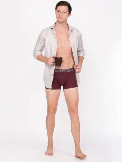 Full-length view of a model in a Rupa Macroman maroon cotton trunk