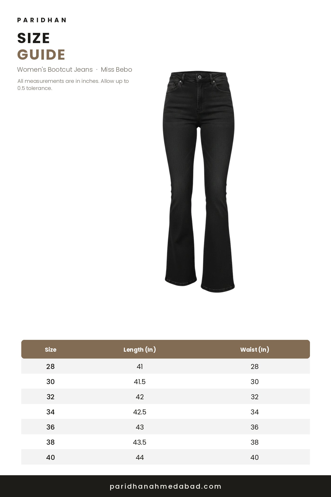 Miss Bebo bootcut jeans size guide