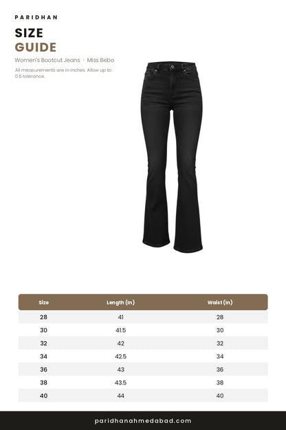 Miss Bebo bootcut jeans size guide