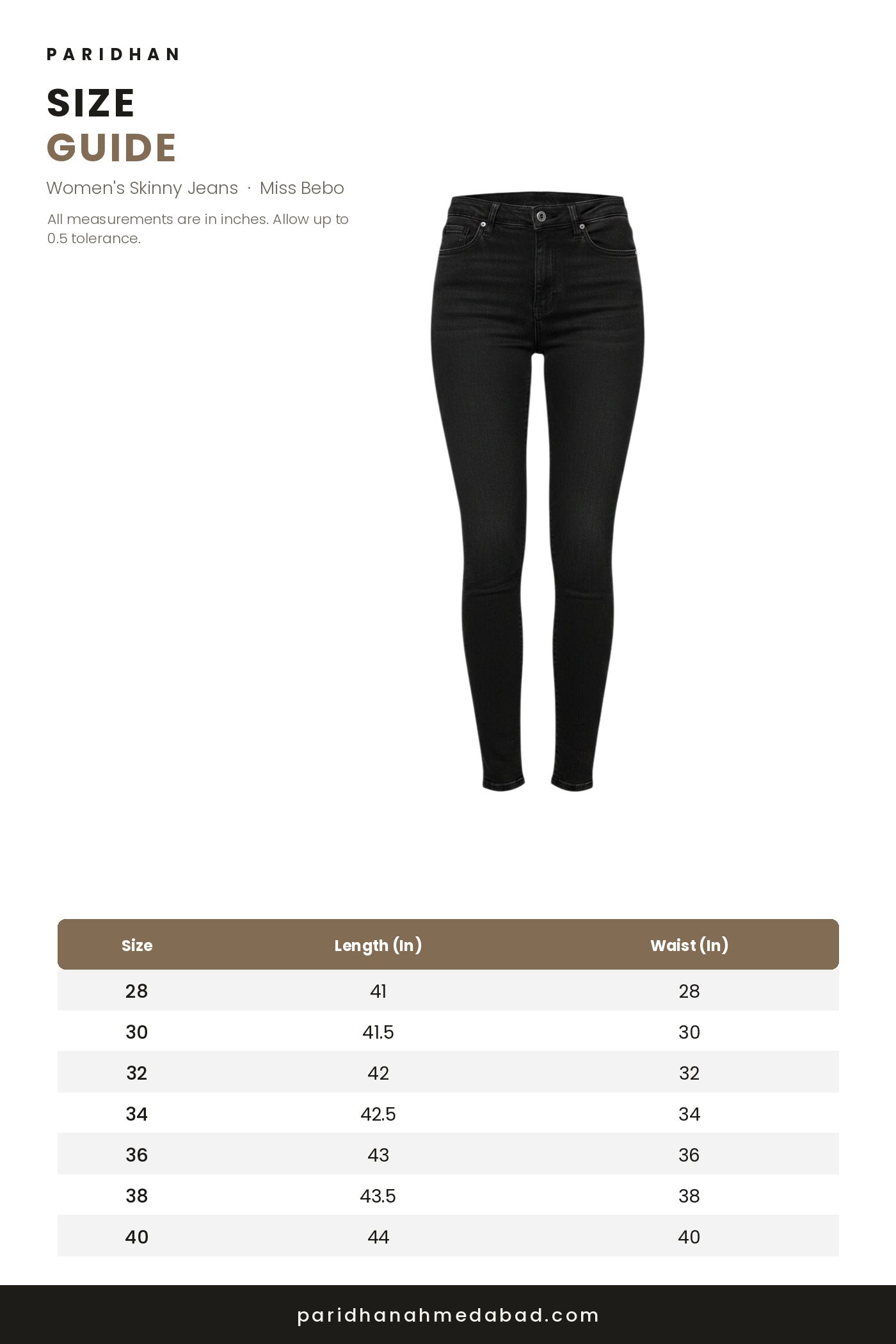 Miss Bebo skinny jeans size guide