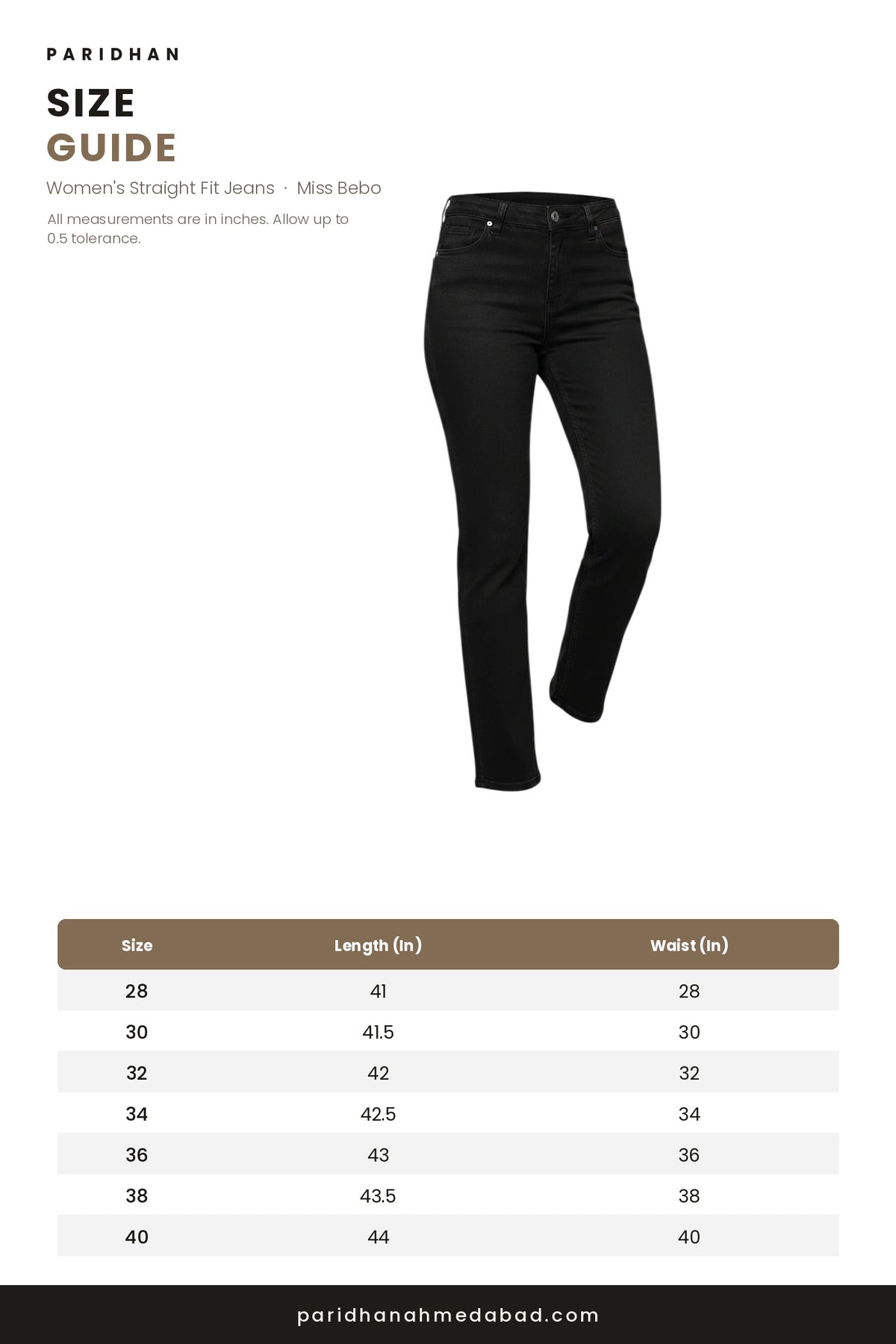 Miss Bebo straight fit jeans size guide