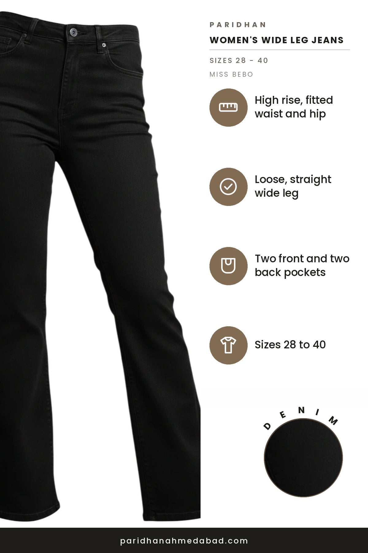 Miss Bebo wide leg jeans features