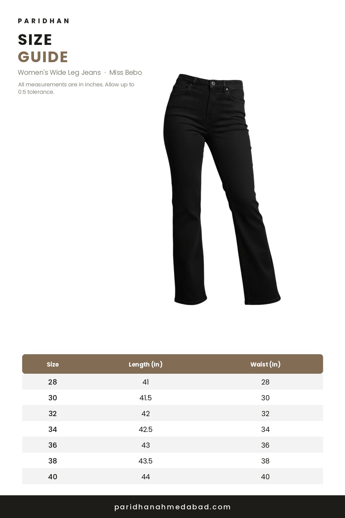 Miss Bebo wide leg jeans size guide