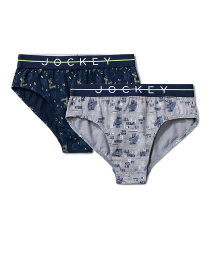 Jockey boys grey printed stretch brief with logo waistband, laid flat