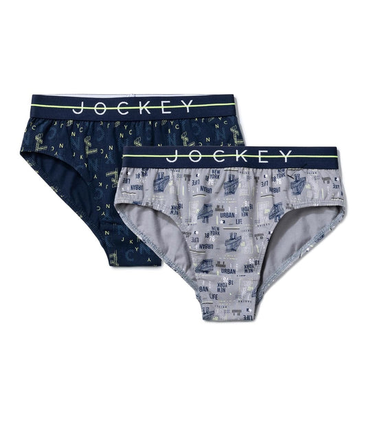 Jockey boys grey printed stretch brief with logo waistband, laid flat