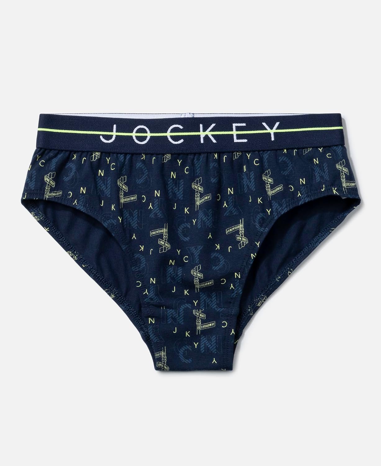 Jockey boys navy printed stretch brief with white logo waistband