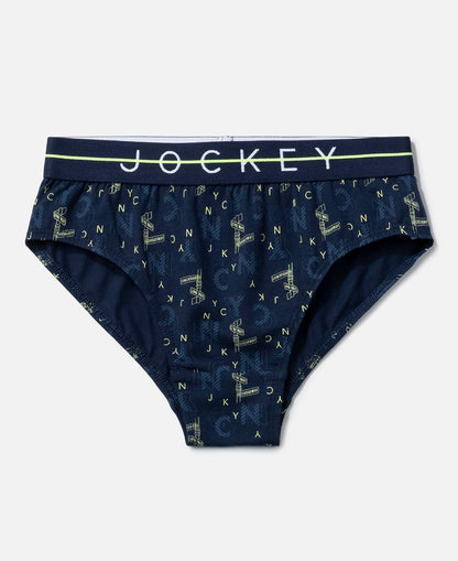 Jockey boys navy printed stretch brief with white logo waistband