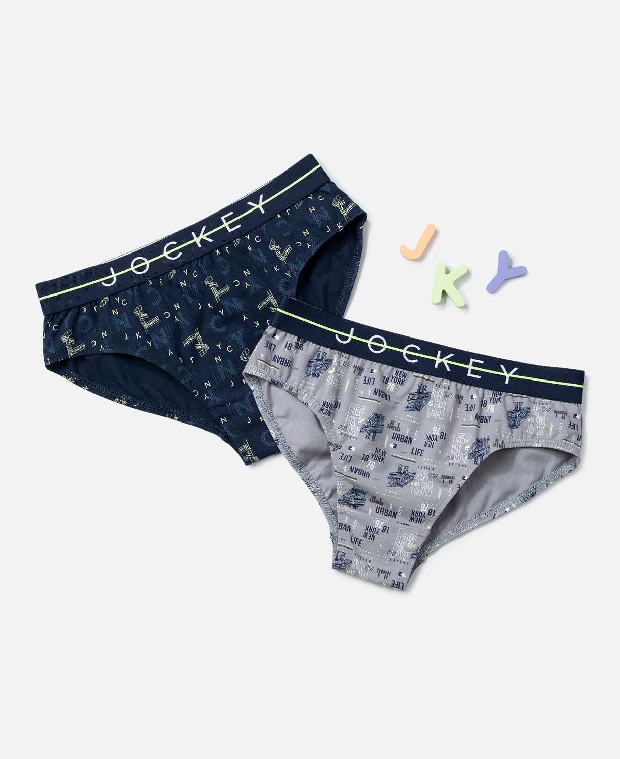 Two Jockey boys printed stretch briefs in navy and grey with toy planes