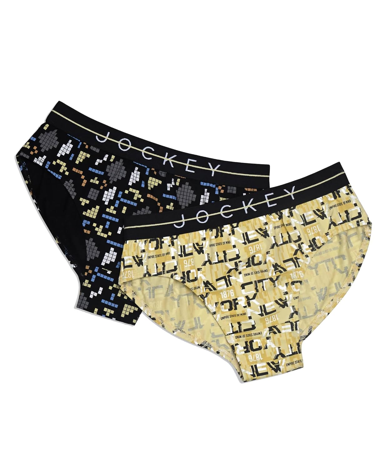 Jockey boys printed stretch briefs in black and yellow, two-pack