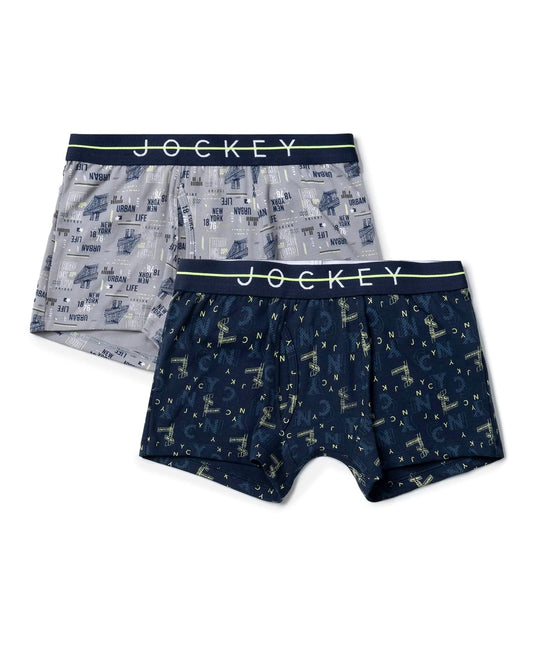 Jockey boys printed trunks in grey and navy, two-pack shown together