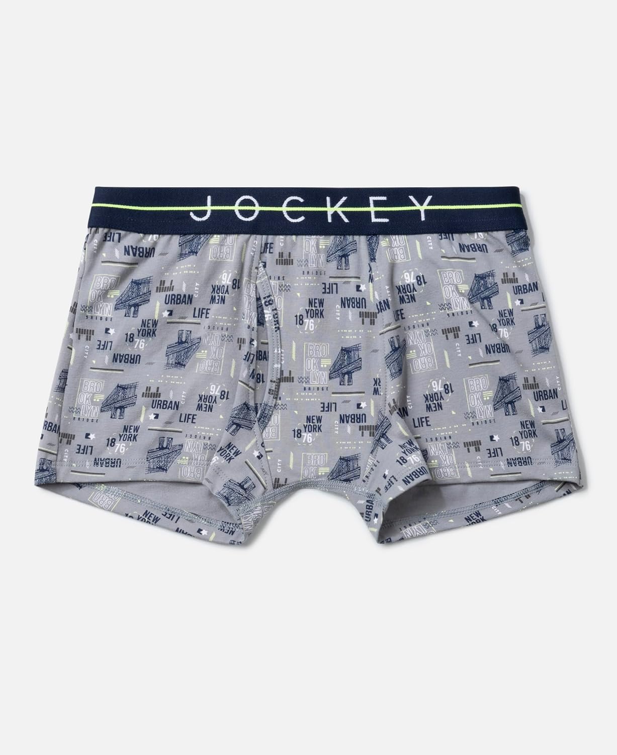 Jockey boys grey printed trunk with navy logo waistband, laid flat