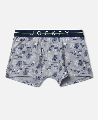 Jockey boys grey printed trunk with navy logo waistband, laid flat