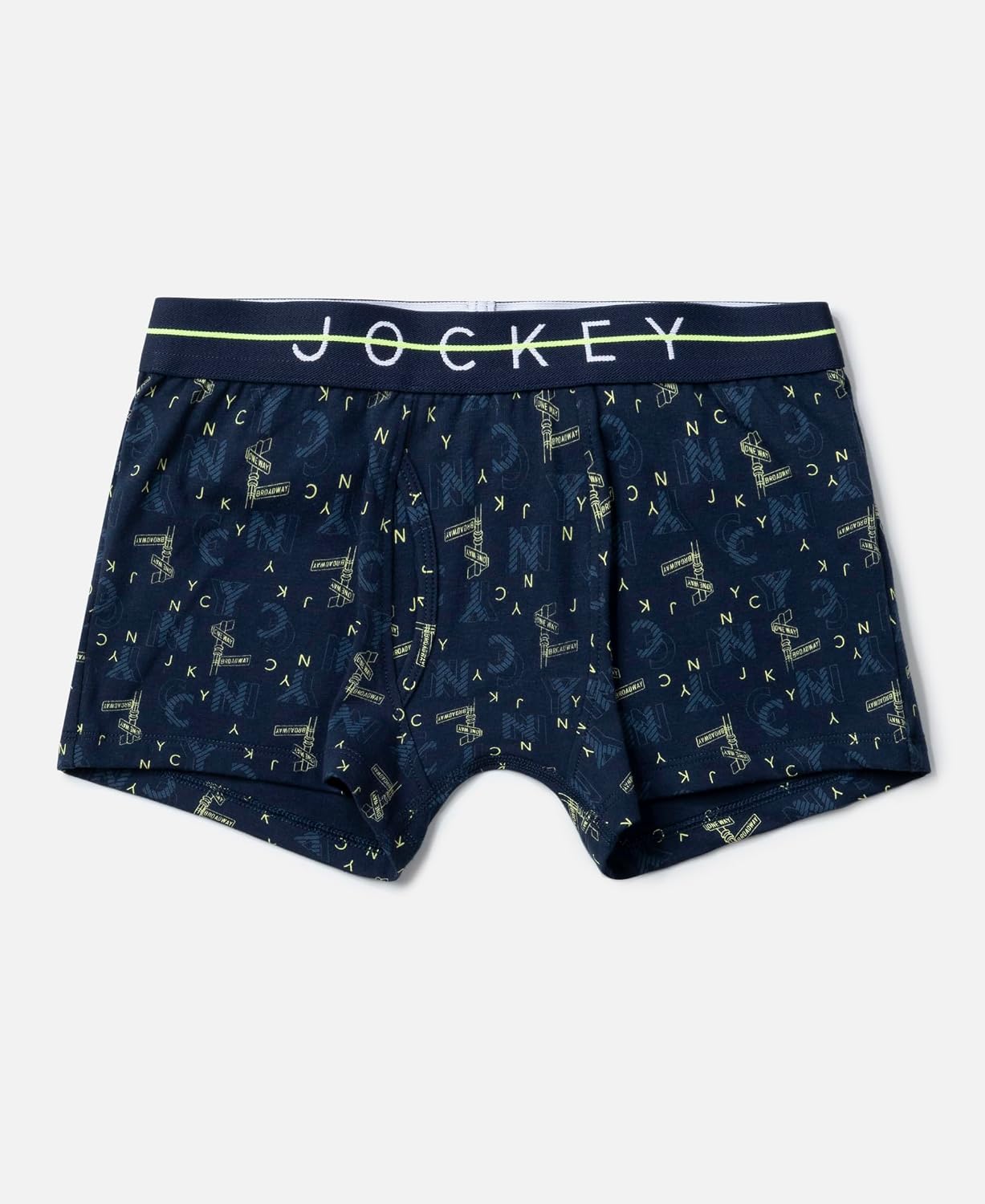 Jockey boys navy printed trunk with logo waistband, front view