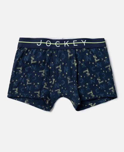 Jockey boys navy printed trunk with logo waistband, front view