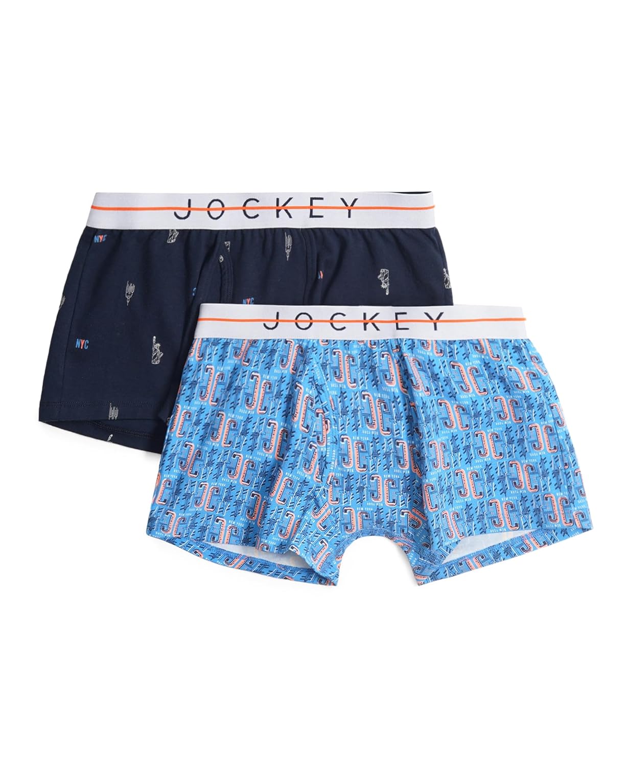 Jockey boys printed trunks in navy and light blue, two-pack