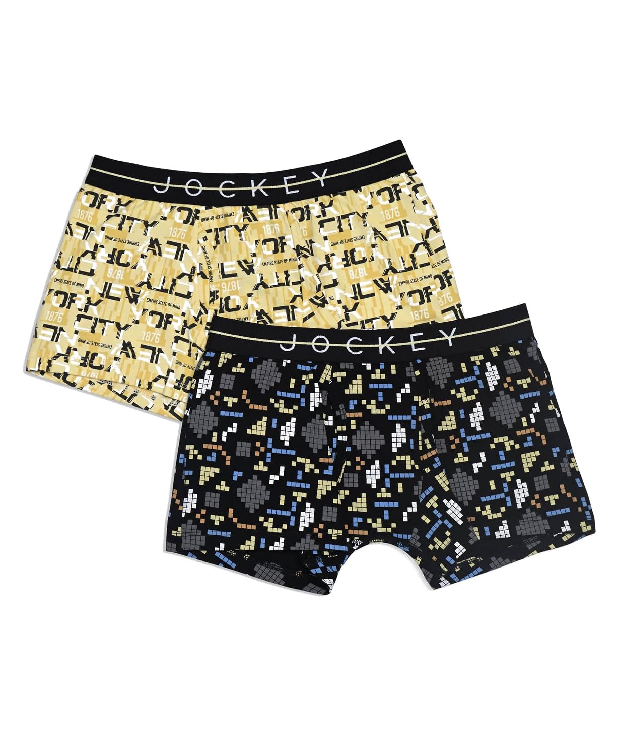 Jockey boys printed trunks in pale yellow and black, two-pack