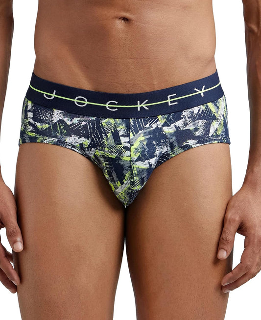Jockey men's navy printed cotton elastane stretch brief, front view on model