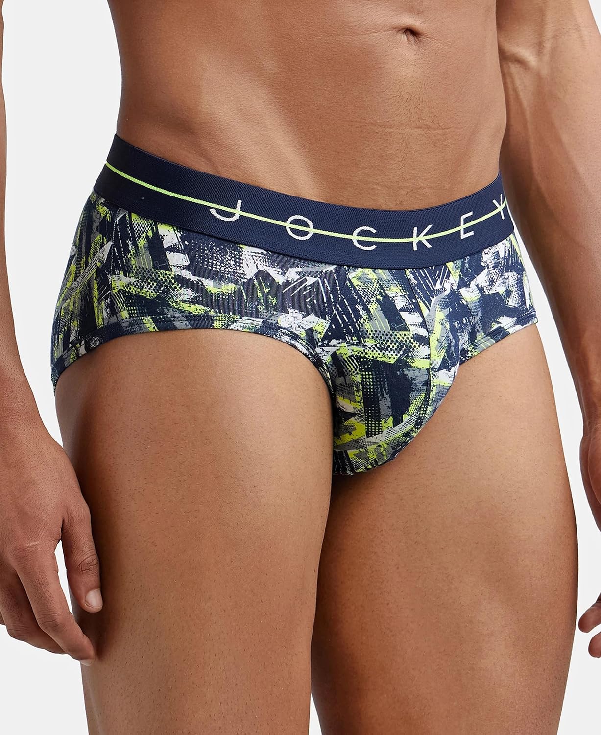 Jockey printed stretch brief in navy and green tropical print, angled view
